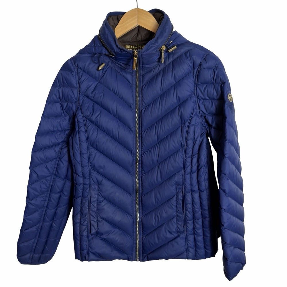 Michael Kors Womens Packable Down Puffer Jacket Hooded‎ Blue Gold Zip S/P Coat
